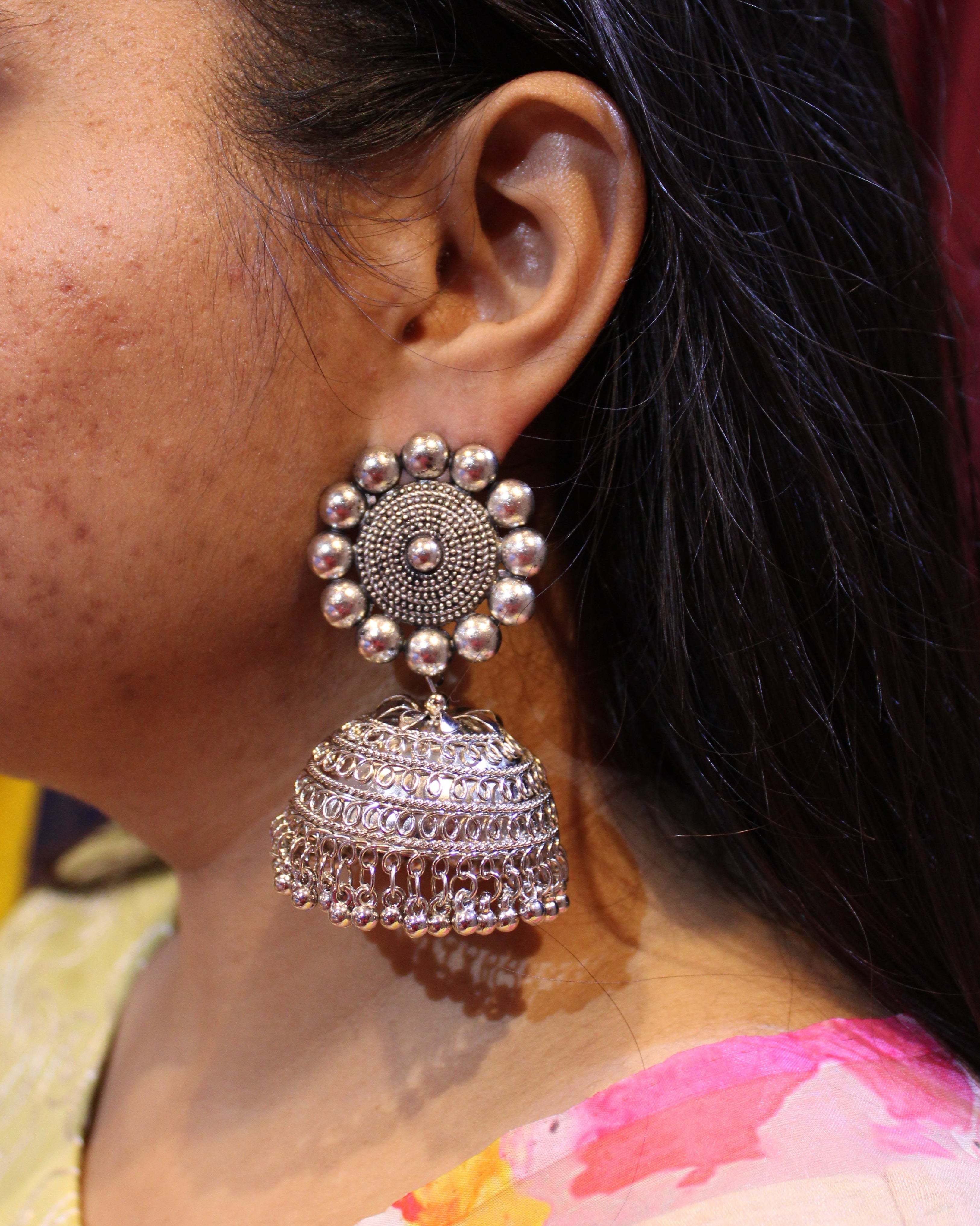 Reeva silver oxidised jhumka
